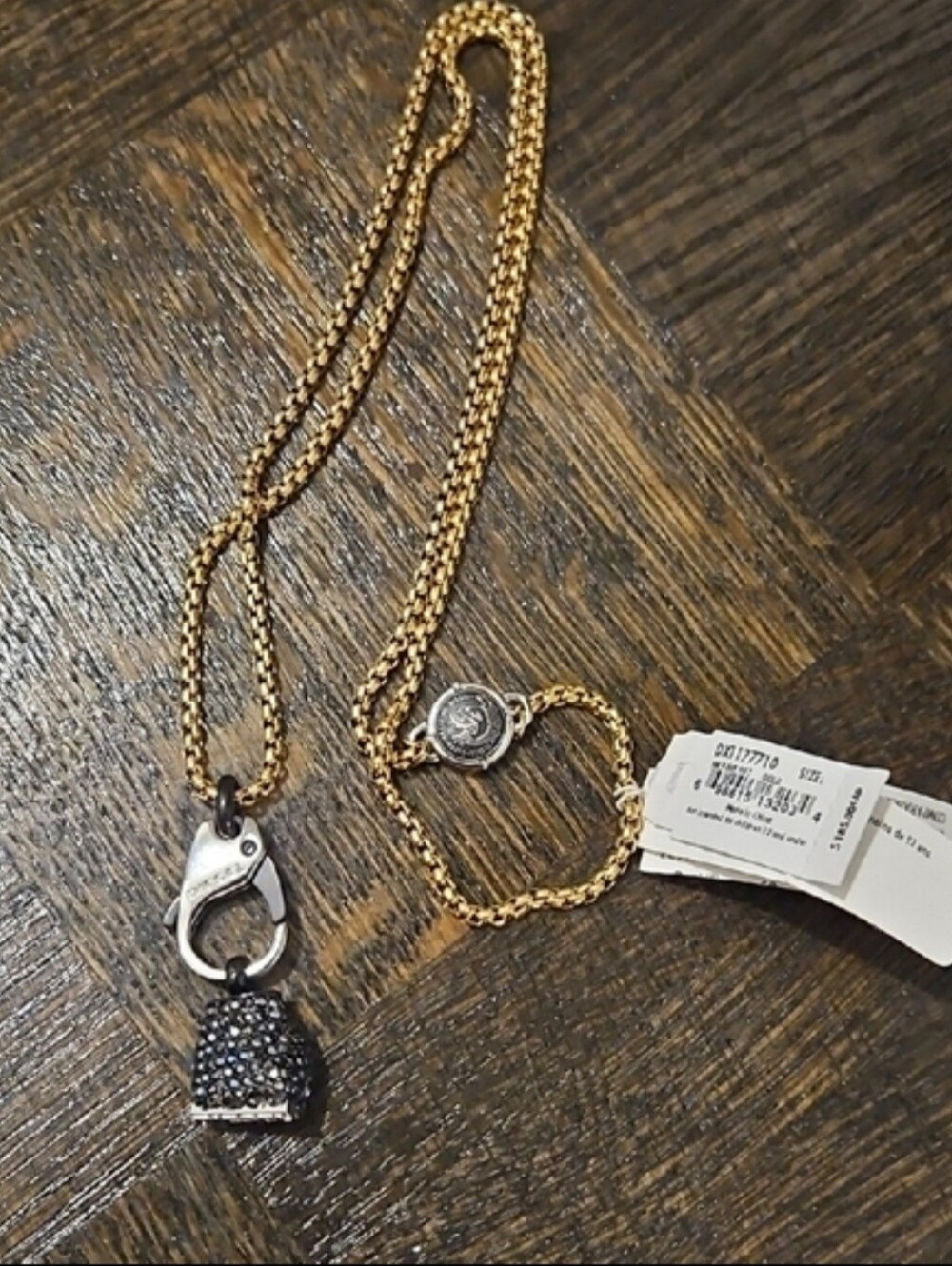 Diesel Gold-Tone Chain Necklace with Black Pave Charm